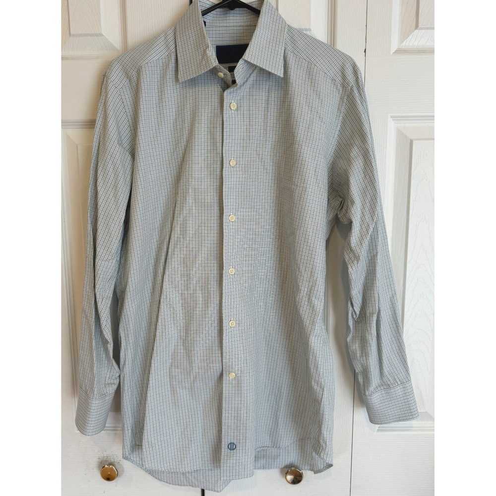 David Donahue Dress Shirt White Blue Green Check Men's TRIM Slim 16 32/33